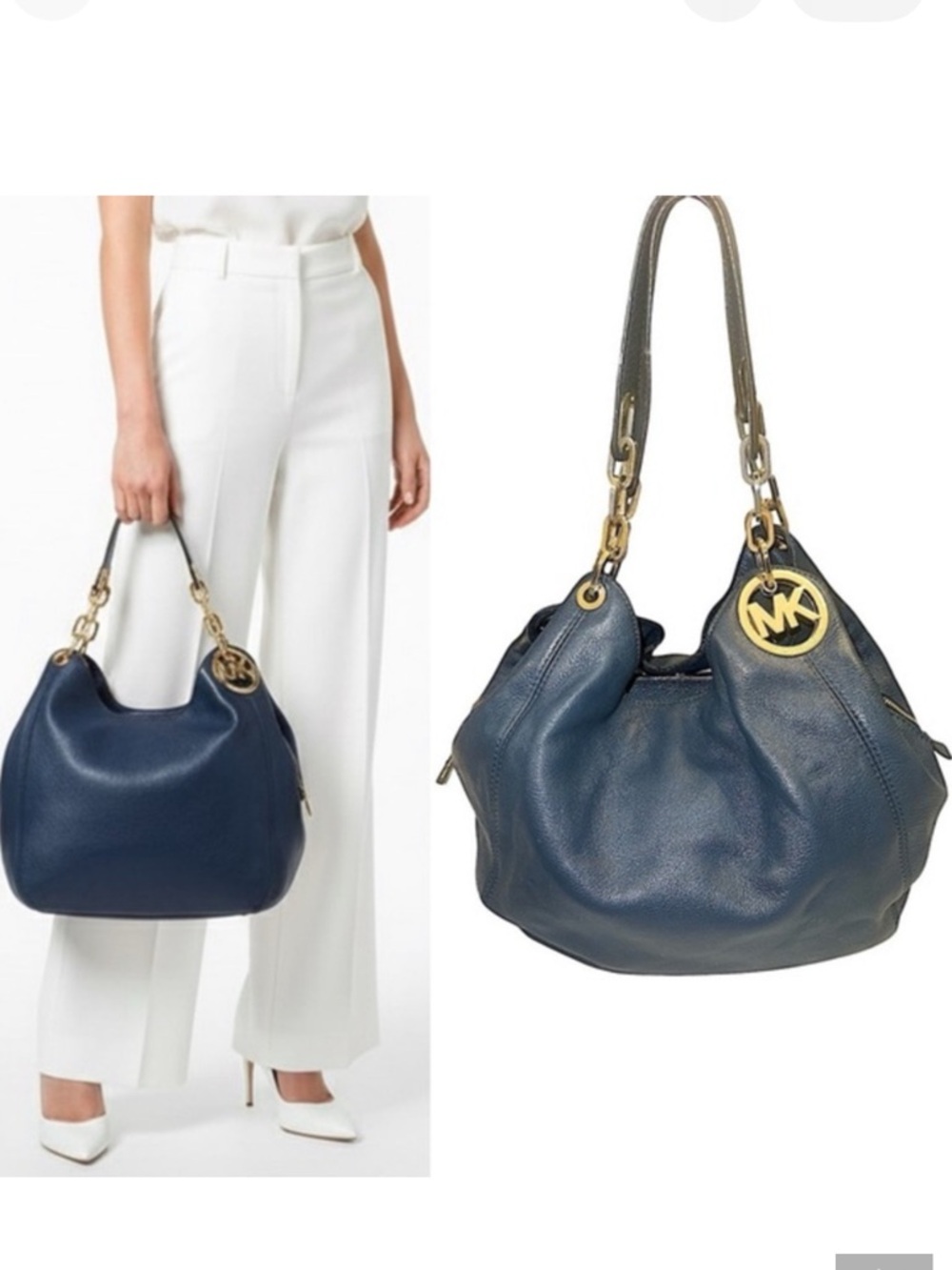 Michael Kors Large Fulton Triple Compartment Hobo Shoulder Bag Navy Leather Gold